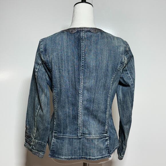 Coldwater Creek Jacket 10 Petite Blue Denim Embroidered Hook & Eye Closure - Picture 3 of 12